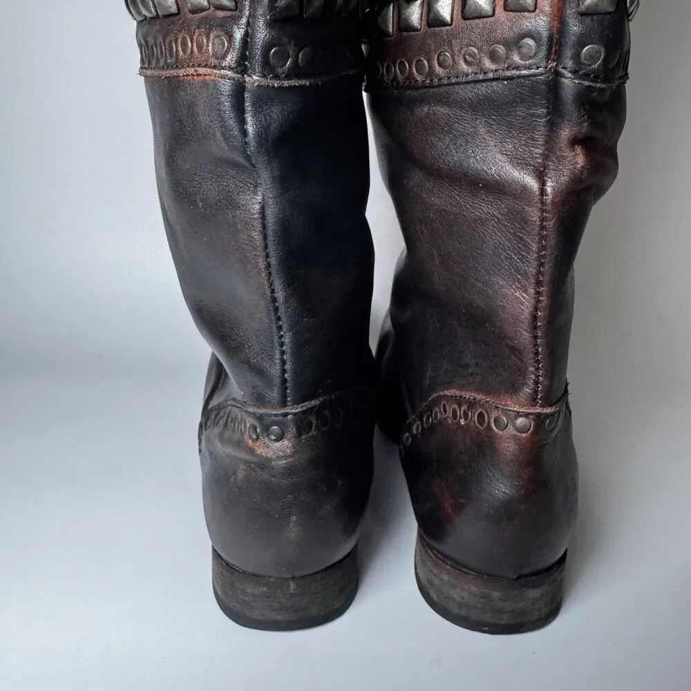 Free People Brown Leather Boots Womens EU 37  Tall Studded‎ Portugal Decorative - Picture 9 of 15